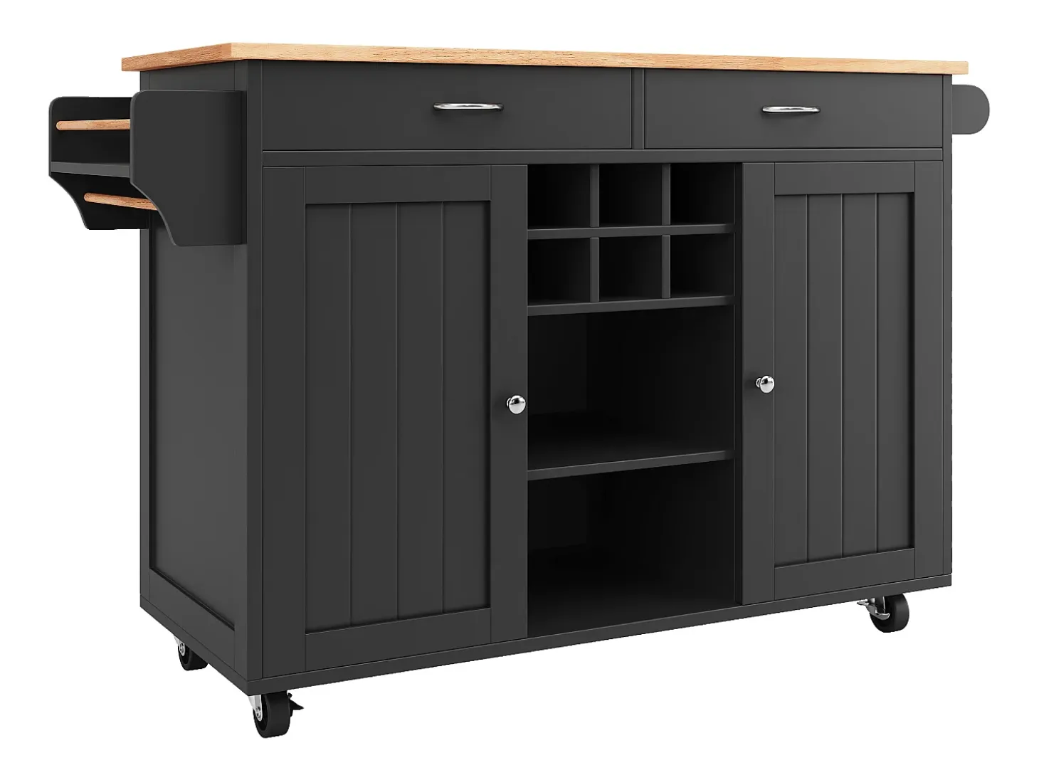Isla de cocina 102 × 45 × 92 cm - Carrito de servicio con ruedas, 2 puertas y 2 cajones - Negro
