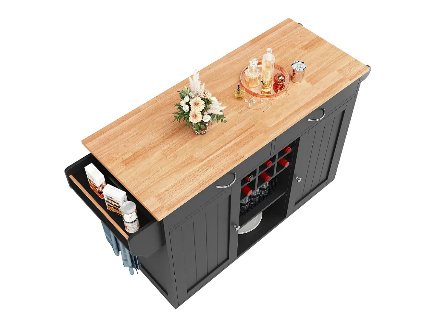 Isla de cocina 102 × 45 × 92 cm - Carrito de servicio con ruedas, 2 puertas y 2 cajones - Negro