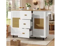 Isla de cocina - 146,85 x 45/70 x 93 cm - carro extensible con ruedas + 2 puertas + 3 cajones - MDF + Metal - blanco