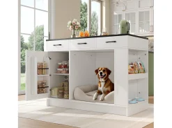 Isla de cocina - 120 x 60 x 90 cm - con 3 cajones + 1 puerta + espacio para mascotas - MDF - blanco