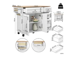 Isla de cocina - 110 x 45-75 x 92 cm - carrito de servicio extraíble - con 5 cajones + 2 puertas - MDF - blanco