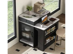 Isla de cocina - Con enchufe - Con mesa de comedor extraíble y extensible - ​​Textura de mármol​​ - Con 1 puerta - ​​Negro + Blanco​