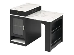 Isla de cocina - Con enchufe - Con mesa de comedor extraíble y extensible - ​​Textura de mármol​​ - Con 1 puerta - ​​Negro + Blanco​