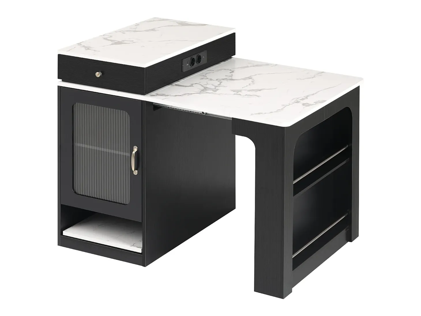 Isla de cocina - Con enchufe - Con mesa de comedor extraíble y extensible - Textura de mármol - Con 1 puerta - Negro + Blanco