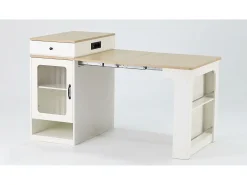 Isla de cocina - Con enchufe - Con mesa de comedor extraíble y extensible - Textura de mármol - Con 1 puerta - Negro + Blanco