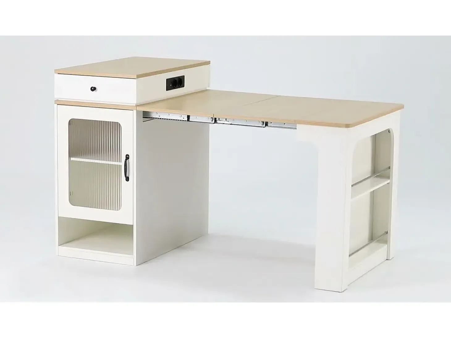 Isla de cocina - Con enchufe - Con mesa de comedor extraíble y extensible - Textura de mármol - Con 1 puerta - Negro + Blanco