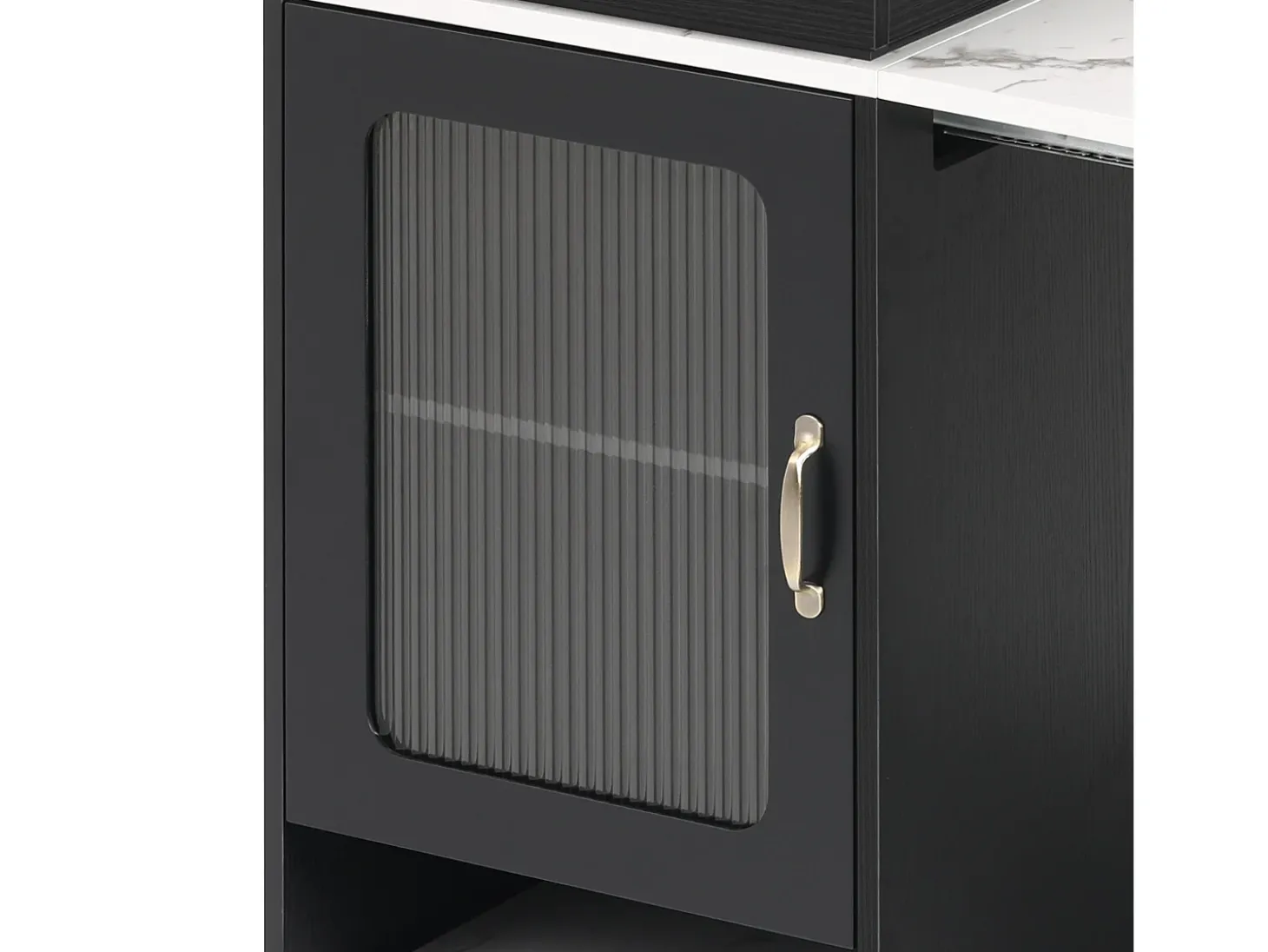 Isla de cocina - Con enchufe - Con mesa de comedor extraíble y extensible - Textura de mármol - Con 1 puerta - Negro + Blanco