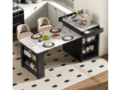 Isla de cocina - Con enchufe - Con mesa de comedor extraíble y extensible - Textura de mármol - Con 1 puerta - Negro + Blanco