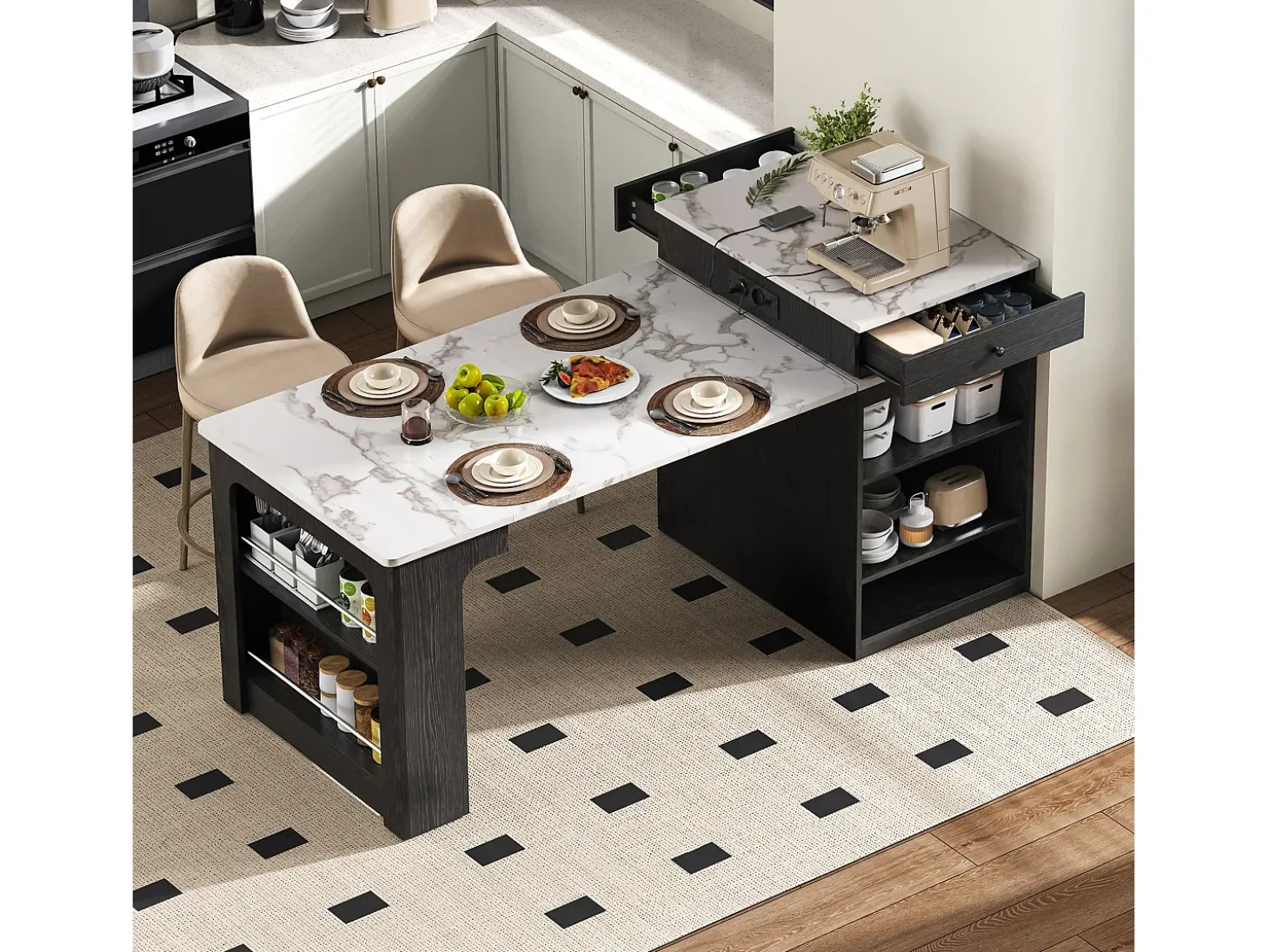 Isla de cocina - Con enchufe - Con mesa de comedor extraíble y extensible - Textura de mármol - Con 1 puerta - Negro + Blanco