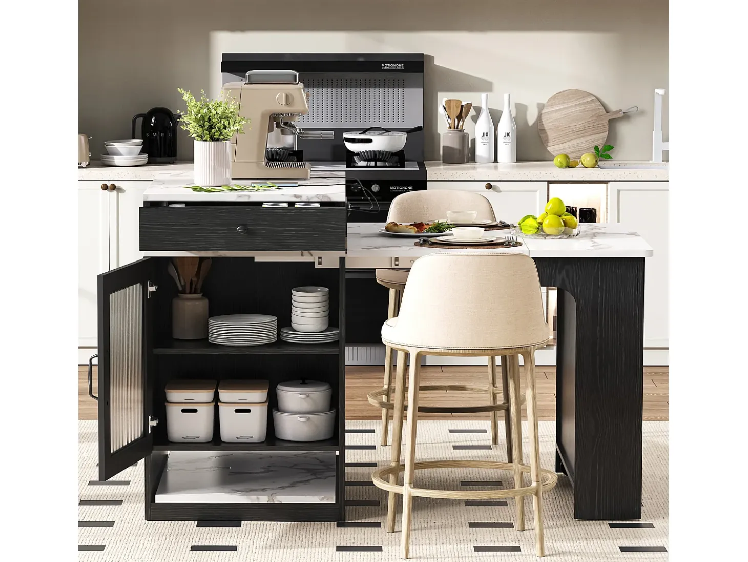 Isla de cocina - Con enchufe - Con mesa de comedor extraíble y extensible - Textura de mármol - Con 1 puerta - Negro + Blanco
