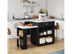 Isla de cocina - con USB - con 2 puertas y 2 cajones - Encimera extensible - Estantes abiertos - Blanco+negro