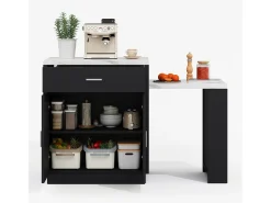 Isla de cocina - con USB - con 2 puertas y 2 cajones - Encimera extensible - Estantes abiertos - Blanco+negro
