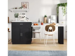 Isla de cocina - con USB - con 2 puertas y 2 cajones - Encimera extensible - Estantes abiertos - Blanco+negro