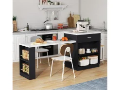 Isla de cocina - con USB - con 2 puertas y 2 cajones - Encimera extensible - Estantes abiertos - Blanco+negro