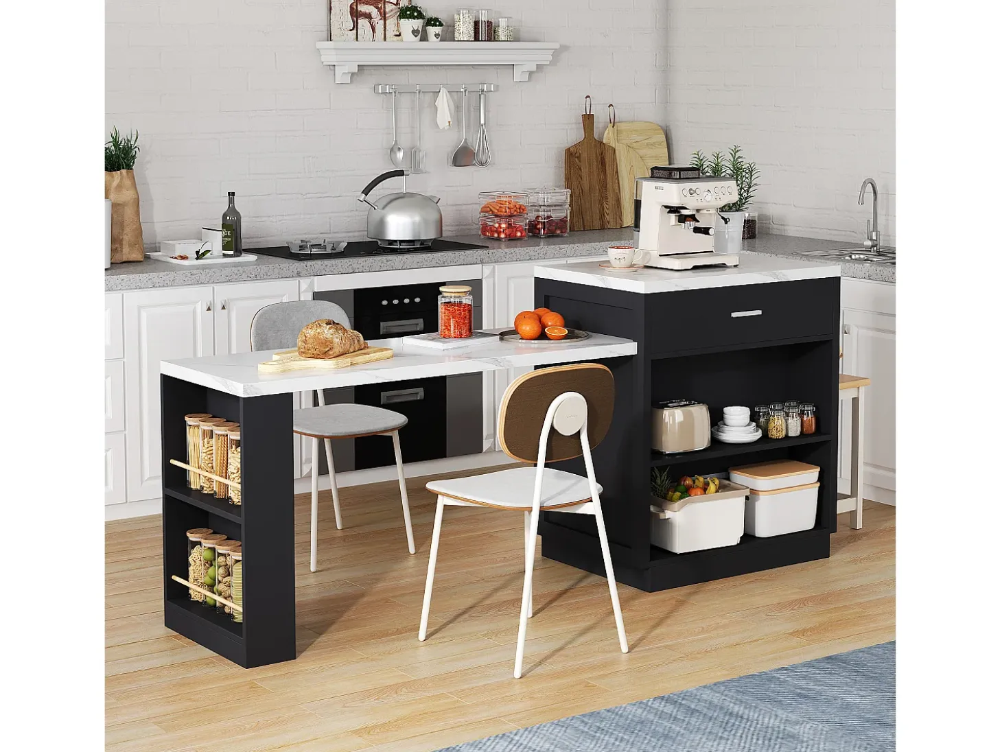 Isla de cocina - con USB - con 2 puertas y 2 cajones - Encimera extensible - Estantes abiertos - Blanco+negro