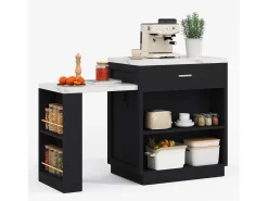 Isla de cocina - con USB - con 2 puertas y 2 cajones - Encimera extensible - Estantes abiertos - Blanco+negro