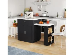 Isla de cocina - con USB - con 2 puertas y 2 cajones - Encimera extensible - Estantes abiertos - Blanco+negro