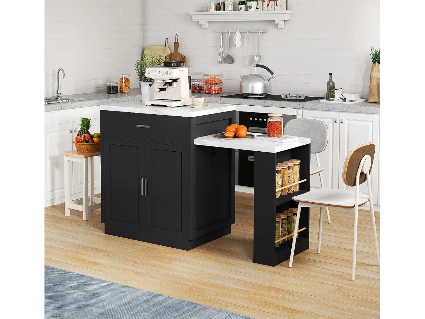 Isla de cocina - con USB - con 2 puertas y 2 cajones - Encimera extensible - Estantes abiertos - Blanco+negro