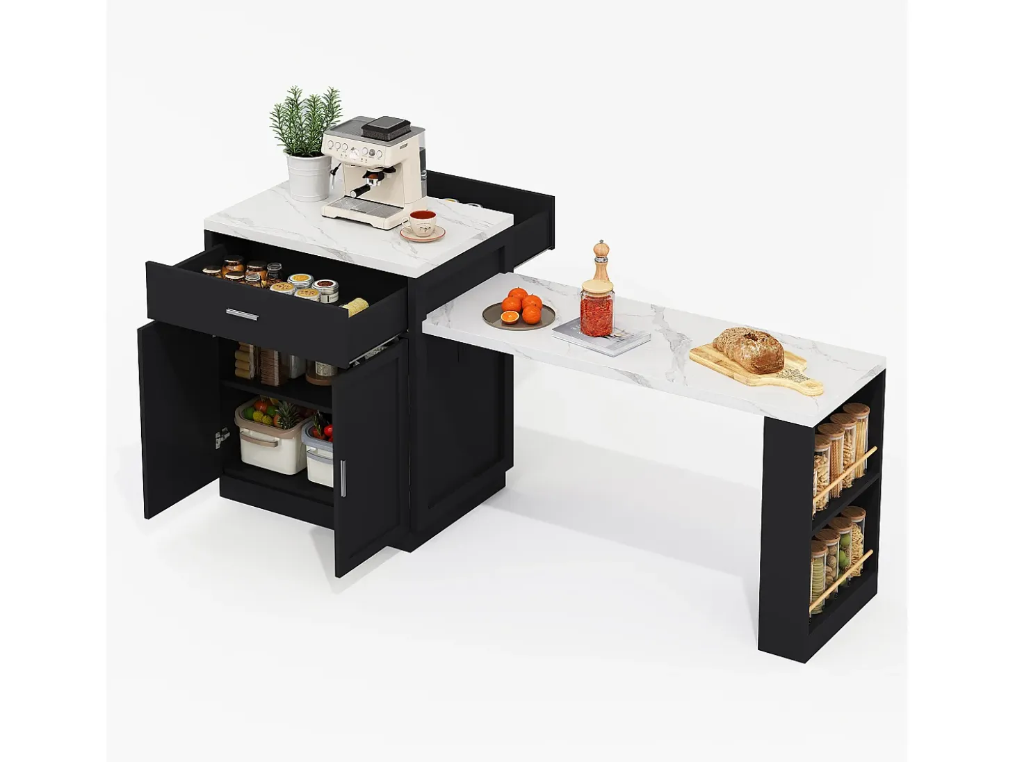 Isla de cocina - con USB - con 2 puertas y 2 cajones - Encimera extensible - Estantes abiertos - Blanco+negro