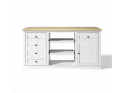 Isla de cocina blanca - Carrito de cocina con 5 cajones y 1 puerta - 2 estantes deslizantes y toma de corriente