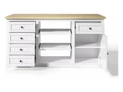 Isla de cocina blanca - Carrito de cocina con 5 cajones y 1 puerta - 2 estantes deslizantes y toma de corriente