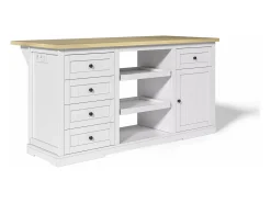 Isla de cocina blanca - Carrito de cocina con 5 cajones y 1 puerta - 2 estantes deslizantes y toma de corriente