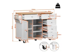 Isla de cocina blanca de 5 cajones - Carrito de cocina de 1 puerta con 3 compartimentos abiertos - Especiero y toallero