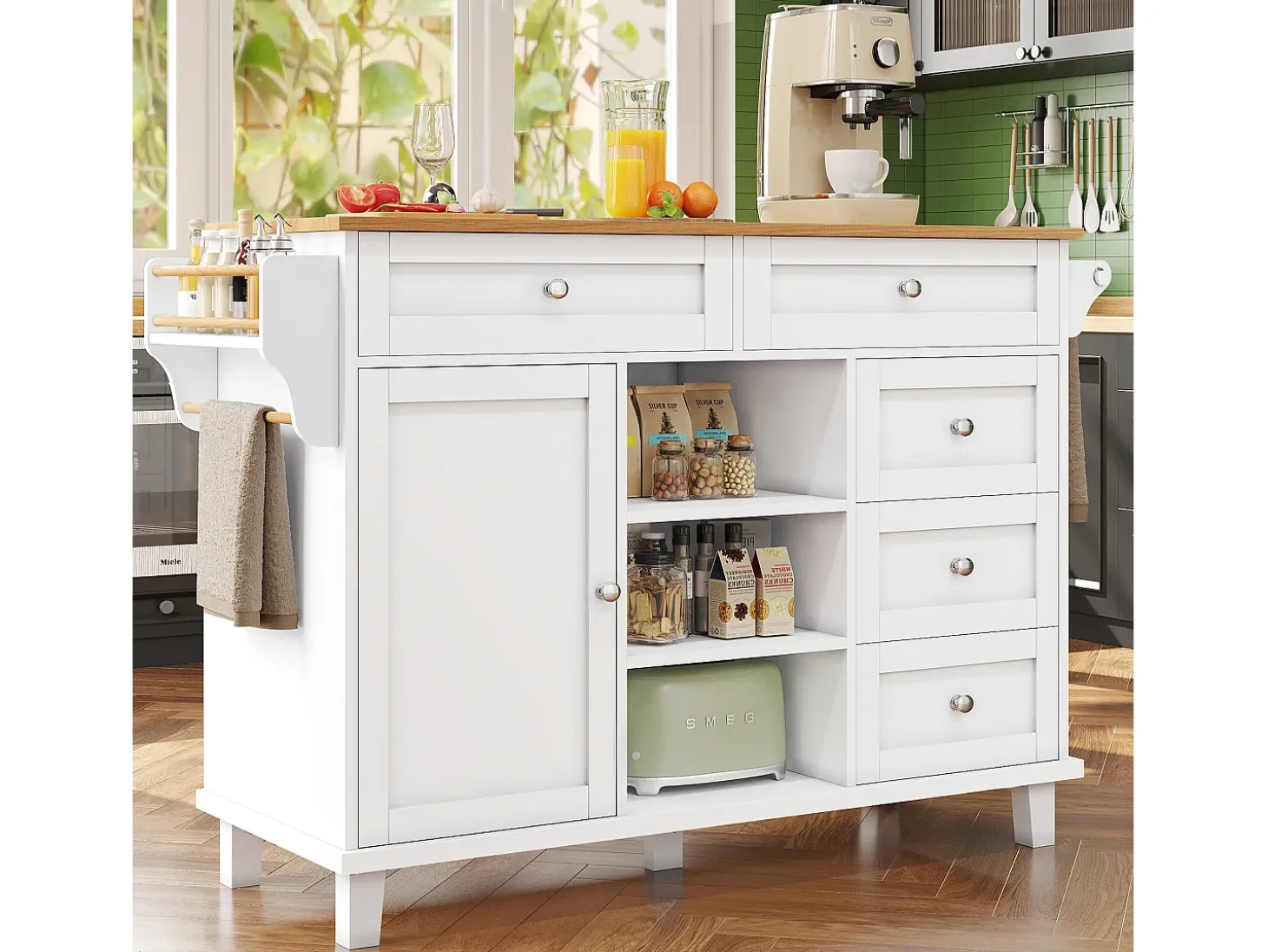 Isla de cocina blanca de 5 cajones - Carrito de cocina de 1 puerta con 3 compartimentos abiertos - Especiero y toallero