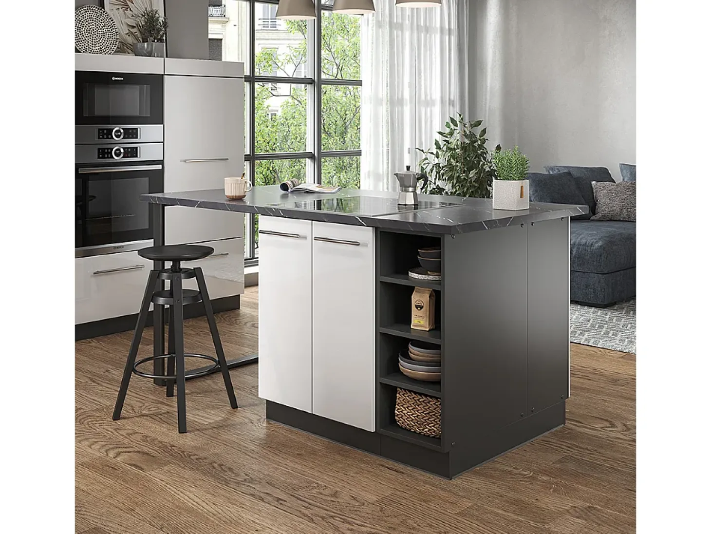 Isla de cocina blanco brillo/antracita 90x60x82 fame-line