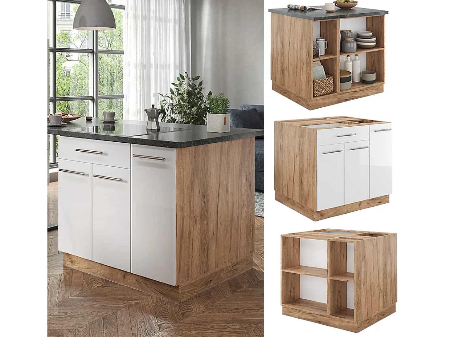 Isla de cocina blanco brillo intenso/roble dorado 90x60x82 fame-line