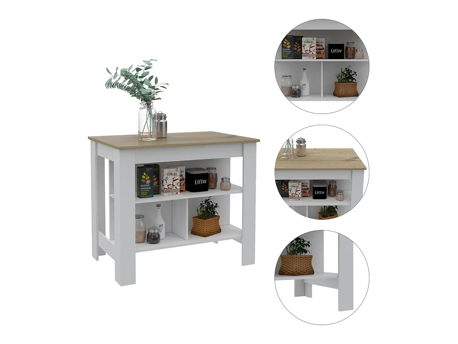 Isla de Cocina Cala en melamina con tres estantes , 89.99 cm X 102.99 cm X 69.97 cm , Blanco / Duna