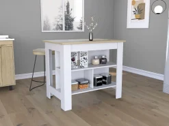 Isla de Cocina Cala en melamina con tres estantes , 89.99 cm X 102.99 cm X 69.97 cm , Blanco / Duna