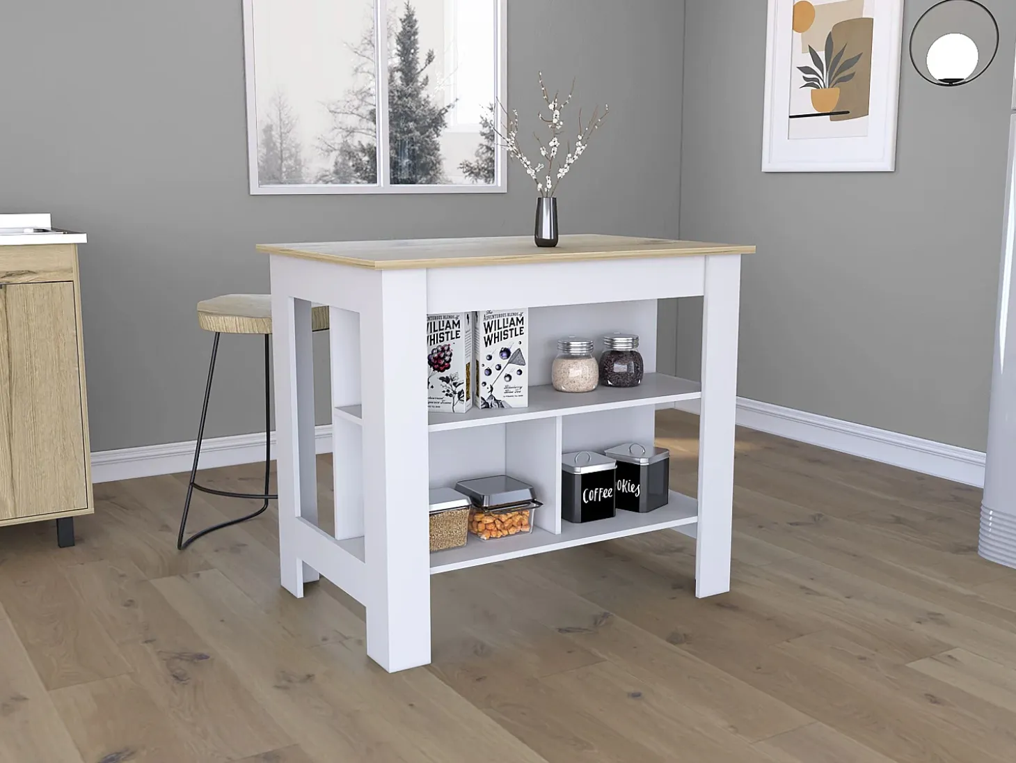 Isla de Cocina Cala en melamina con tres estantes , 89.99 cm X 102.99 cm X 69.97 cm , Blanco / Duna