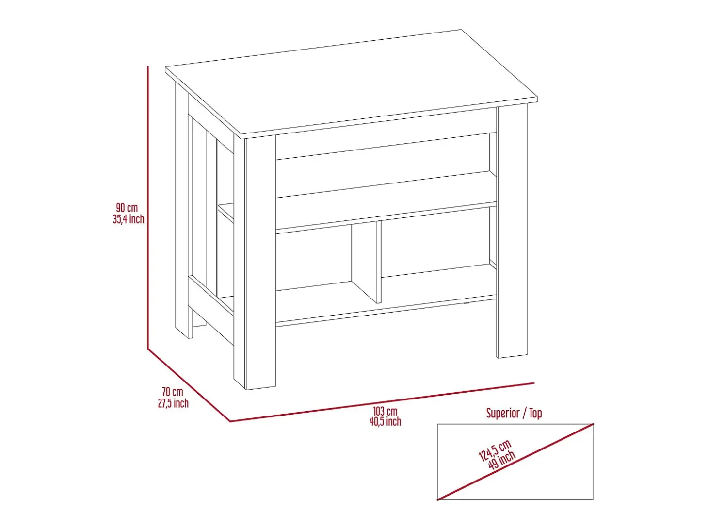 Isla de Cocina Cala en melamina con tres estantes , 89.99 cm X 102.99 cm X 69.97 cm , Blanco / Duna