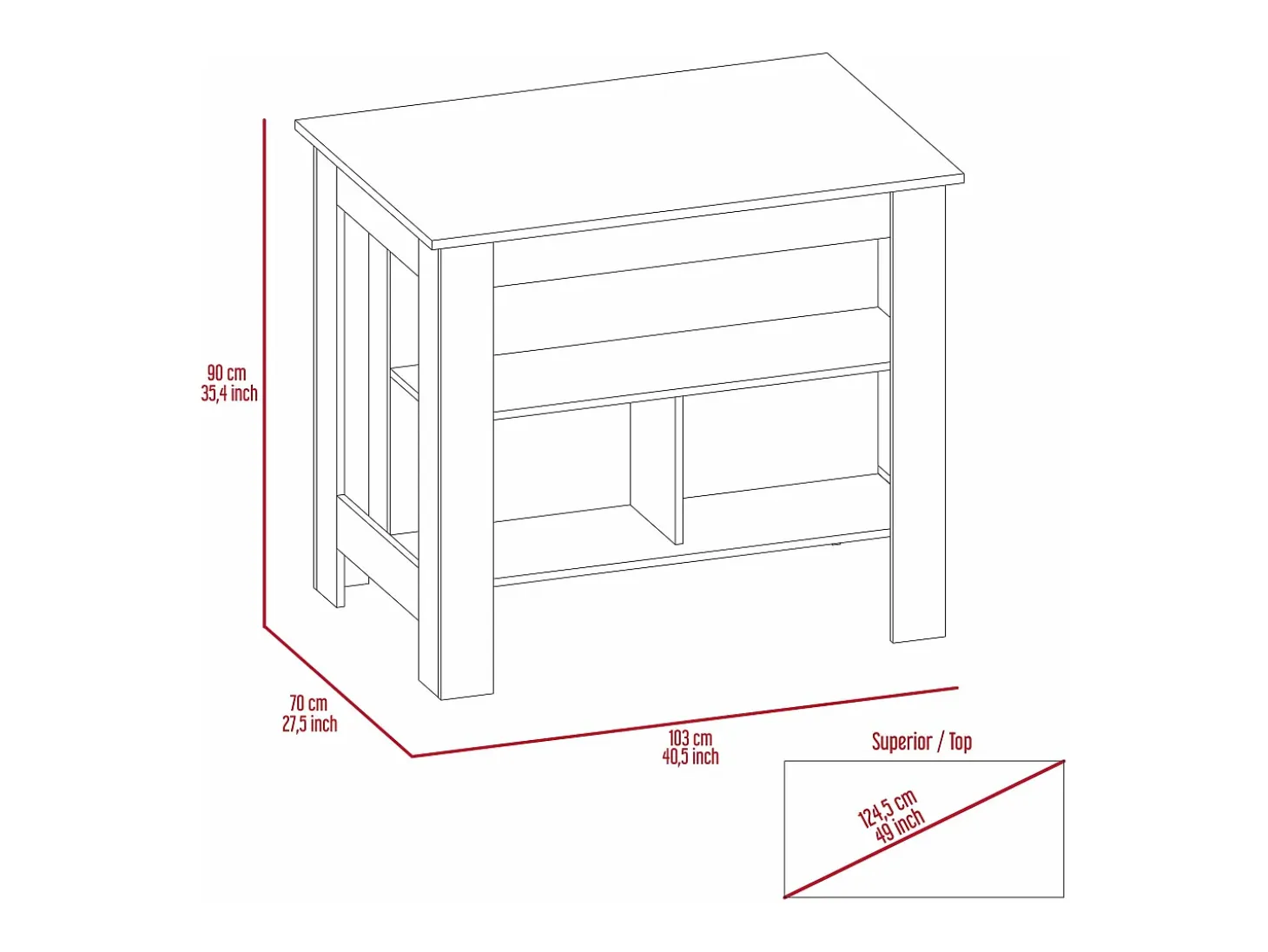 Isla de cocina Cala, tres estantes y cuatro patas , 89.99 cm X 102.99 cm X 69.97 cm , Multicolor