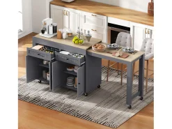 Isla de cocina central - con 4 puertas y 2 cajones - tablero extensible - con ruedas - 180,5×45×92,2 cm - Gris