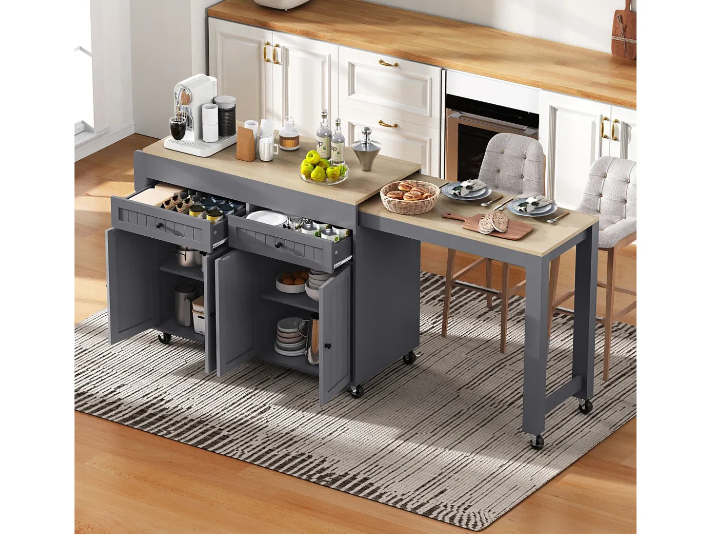 Isla de cocina central - con 4 puertas y 2 cajones - tablero extensible - con ruedas - 180,5×45×92,2 cm - Gris