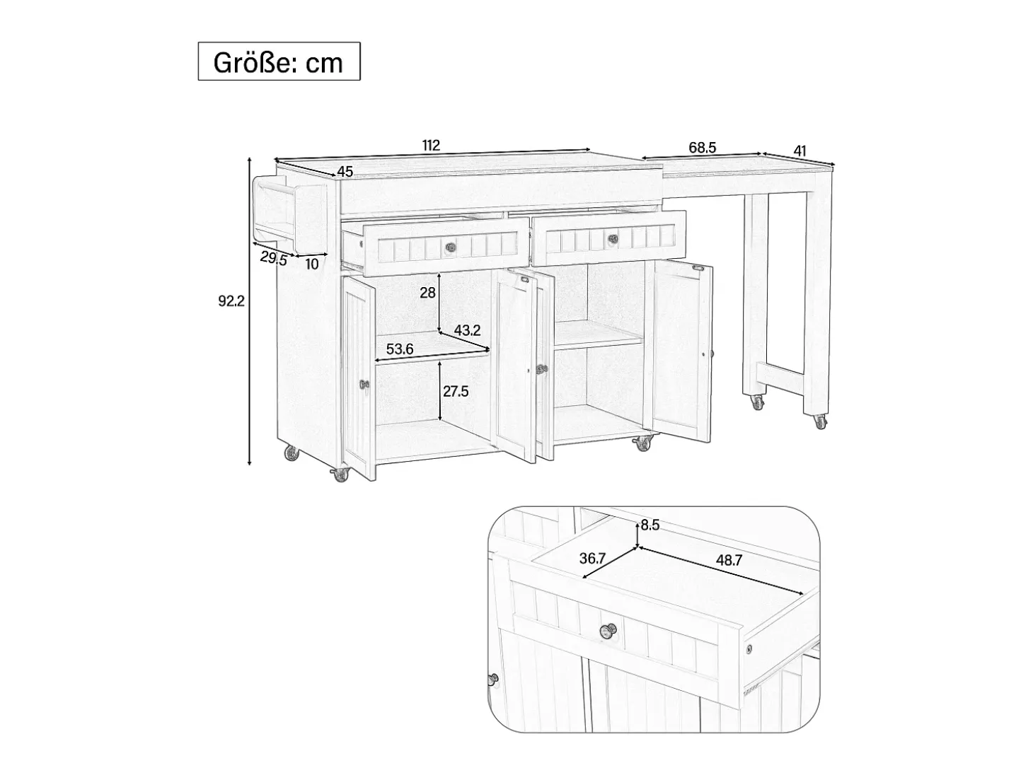 Isla de cocina central - con 4 puertas y 2 cajones - tablero extensible - con ruedas - 180,5×45×92,2 cm - Gris