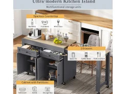 Isla de cocina central - con 4 puertas y 2 cajones - tablero extensible - con ruedas - 180,5×45×92,2 cm - Gris