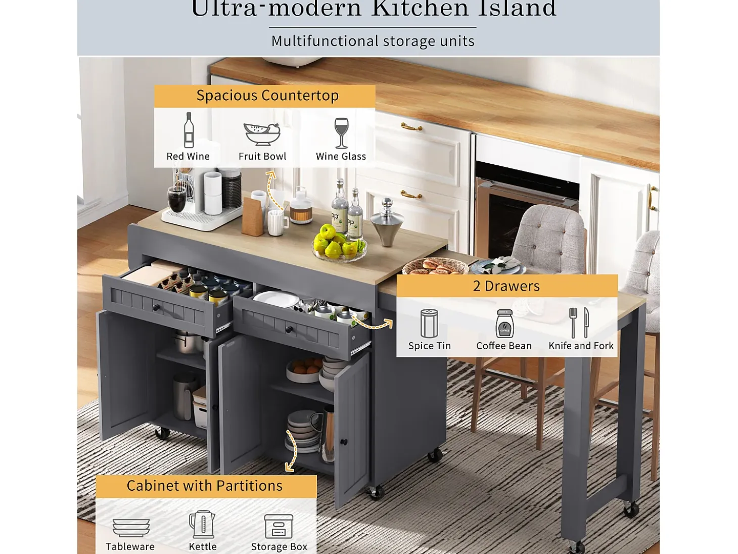 Isla de cocina central - con 4 puertas y 2 cajones - tablero extensible - con ruedas - 180,5×45×92,2 cm - Gris