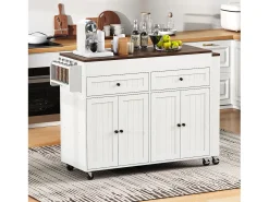 Isla de cocina central - con 4 puertas y 2 cajones - tablero extensible - con ruedas - 180,5×45×92,2 cm - Blanco + Marrón