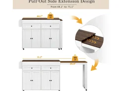 Isla de cocina central - con 4 puertas y 2 cajones - tablero extensible - con ruedas - 180,5×45×92,2 cm - Blanco + Marrón