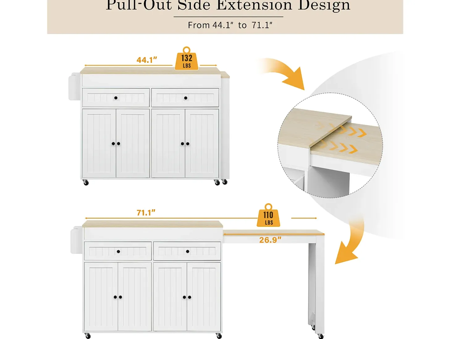 Isla de cocina central - con 4 puertas y 2 cajones - tablero extensible - con ruedas - 180,5×45×92,2 cm - Blanco + Natural