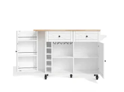 Isla de cocina central móvil - tablero extensible - con portabotellas y toallero - con 2 cajones y 2 puertas - MDF - Blanco