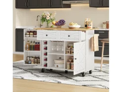 Isla de cocina central móvil - tablero extensible - con portabotellas y toallero - con 2 cajones y 2 puertas - MDF - Blanco