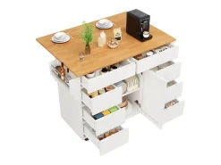 Isla de cocina central móvil - Tablero extensible - 8 cajones y 1 puerta - Con estante para especias - MDF - Blanco