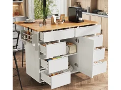 Isla de cocina central móvil - Tablero extensible - 8 cajones y 1 puerta - Con estante para especias - MDF - Blanco
