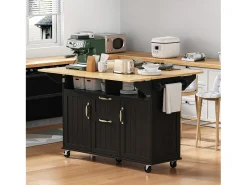 Isla de cocina central móvil 120x40-80x92 cm - con ruedas - con USB - 2 cajones y 2 puertas - tablero extensible - con toallero - blanco