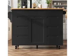Isla de cocina central móvil - Tablero extensible - 8 cajones y 1 puerta - Con estante para especias - MDF - Negro