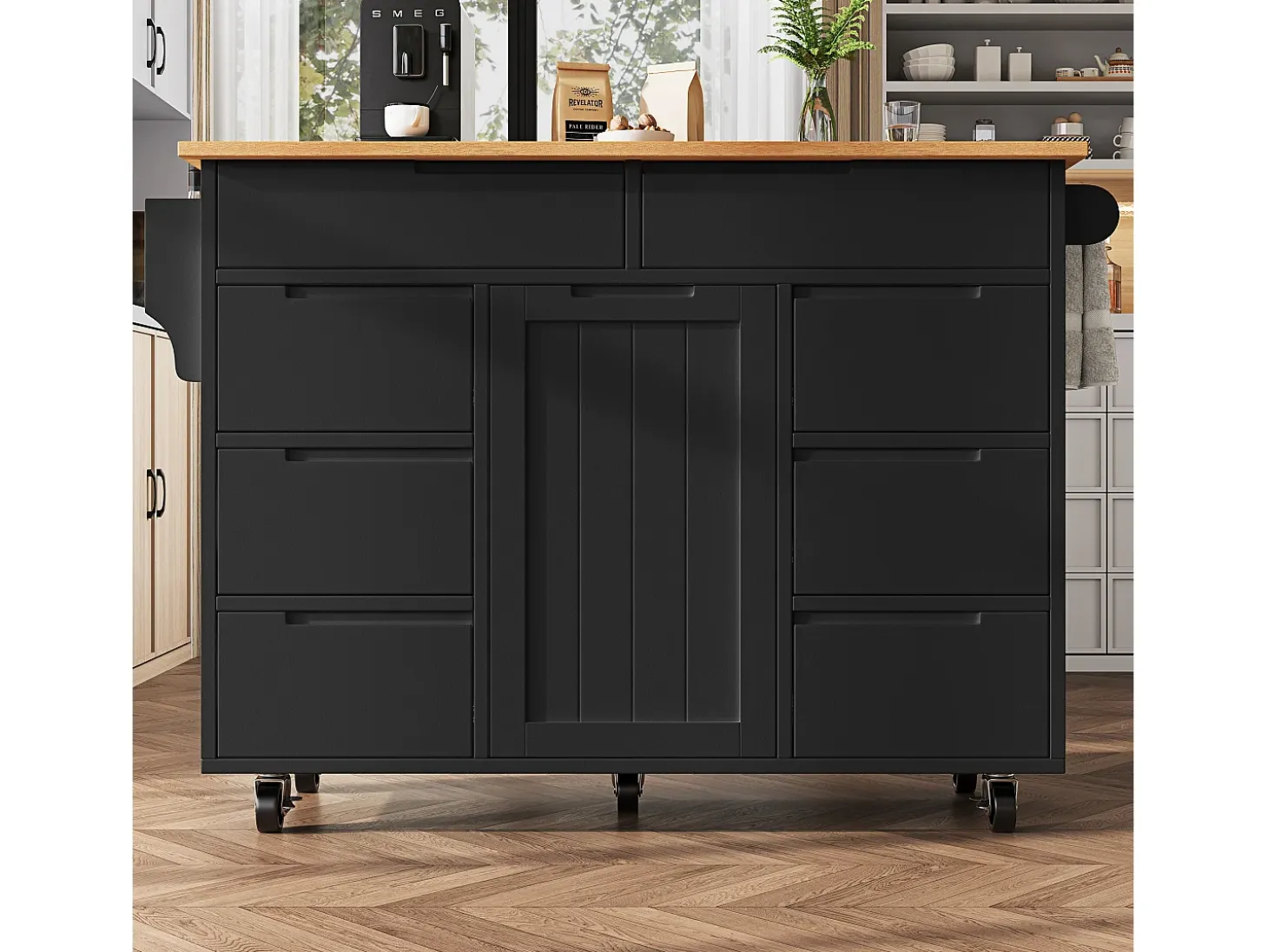 Isla de cocina central móvil - Tablero extensible - 8 cajones y 1 puerta - Con estante para especias - MDF - Negro
